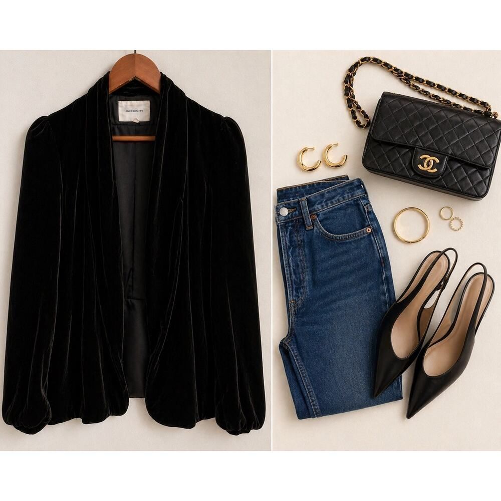 Emerson Fry Black Velvet Blazer Open Front Cropped Silk Lined Minimalist Classic